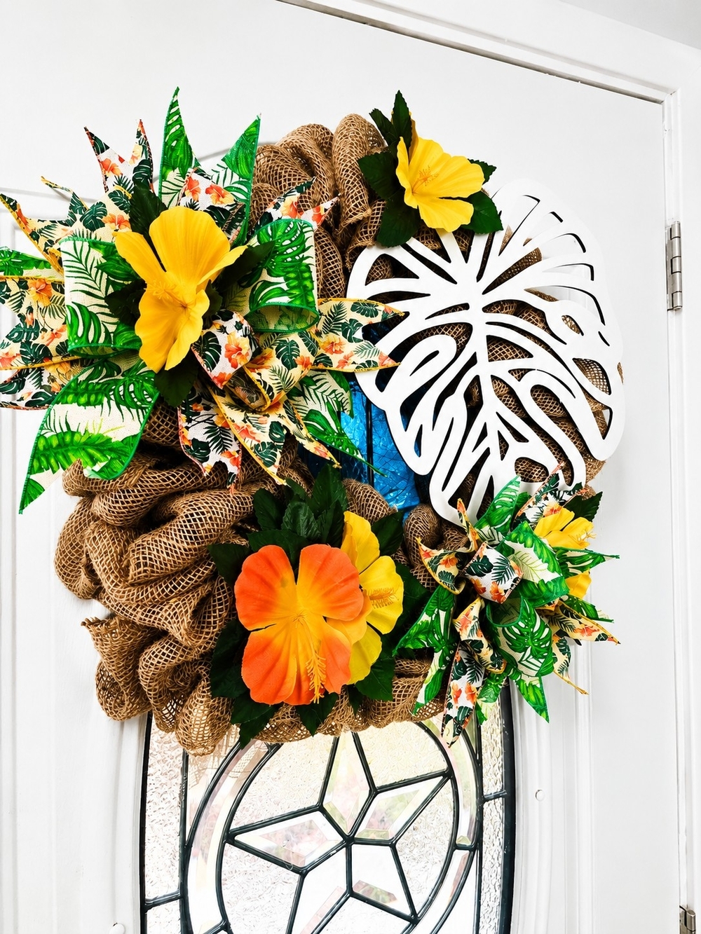 Handmade Tropical Summer Wreath  Hibiscus & Monstera Front Door Decor